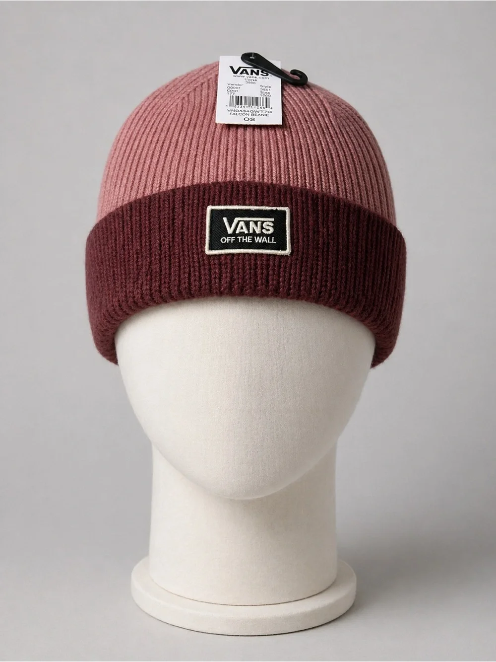 Vans Falcon Beanie Pink Burgundy Two Tone Cuffed Knit OS New With Tags Unisex